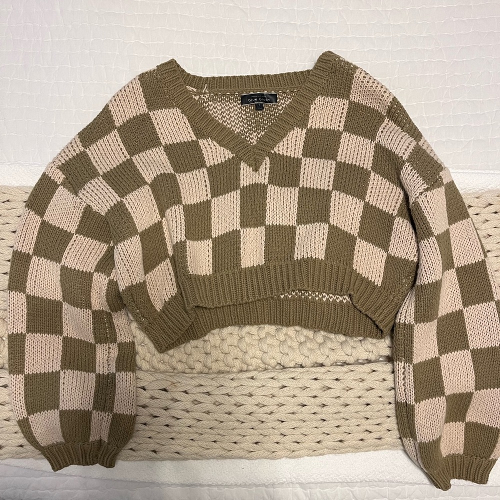Blue Blush V-Neck Checkered Sweater - Cream and Brown